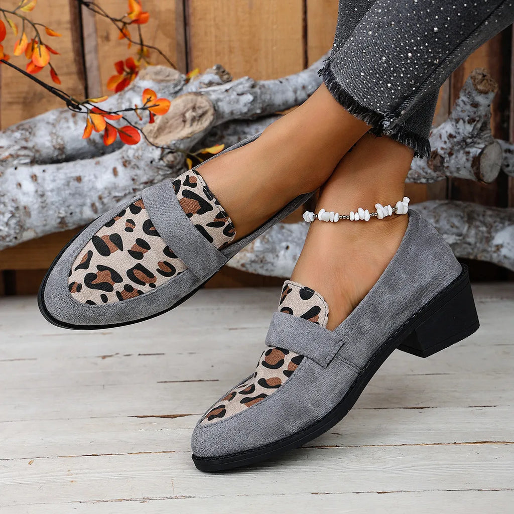 Leopard print suede slip-on shoes with pointed toe and chunky rubber sole in brown