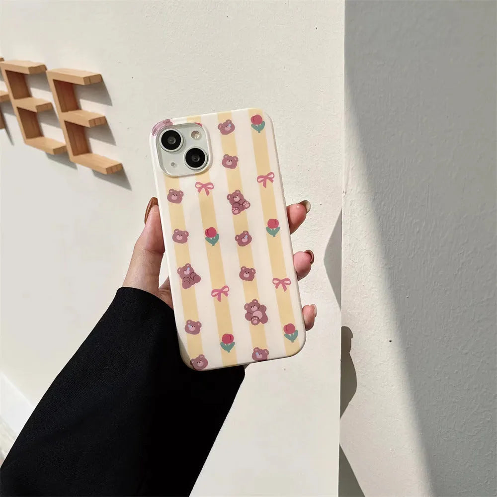 Yellow Striped Bear cartoon TPU phone case for iPhone, soft protective shell with optional stand