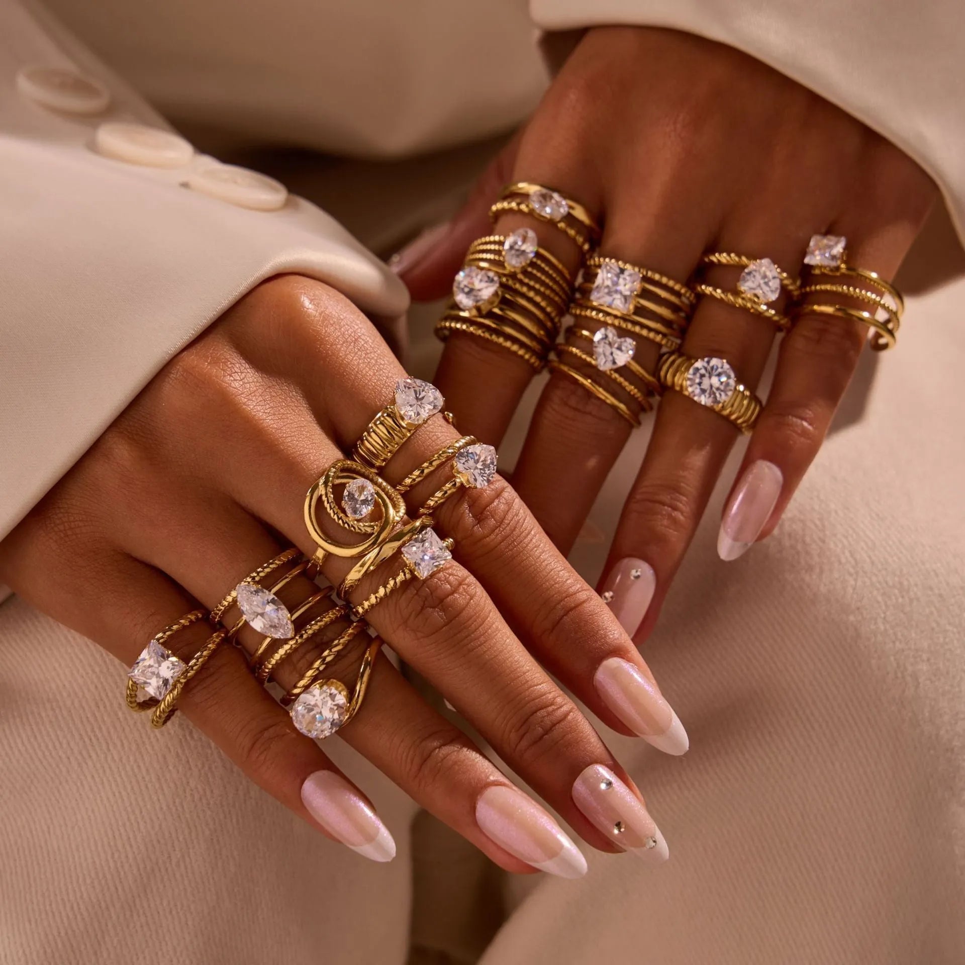 Gold electroplated stainless steel open mouth ring with zircon decoration and geometry design