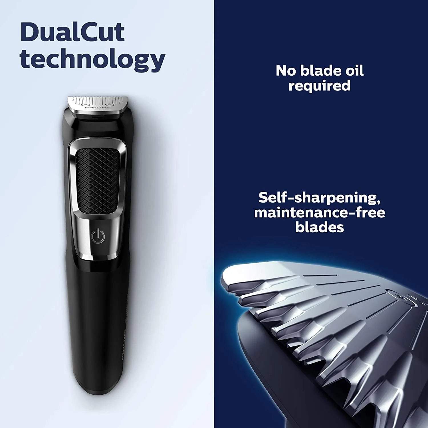 Silver and black multifunctional nose hair and beard trimmer with a cleaning brush on a white background.