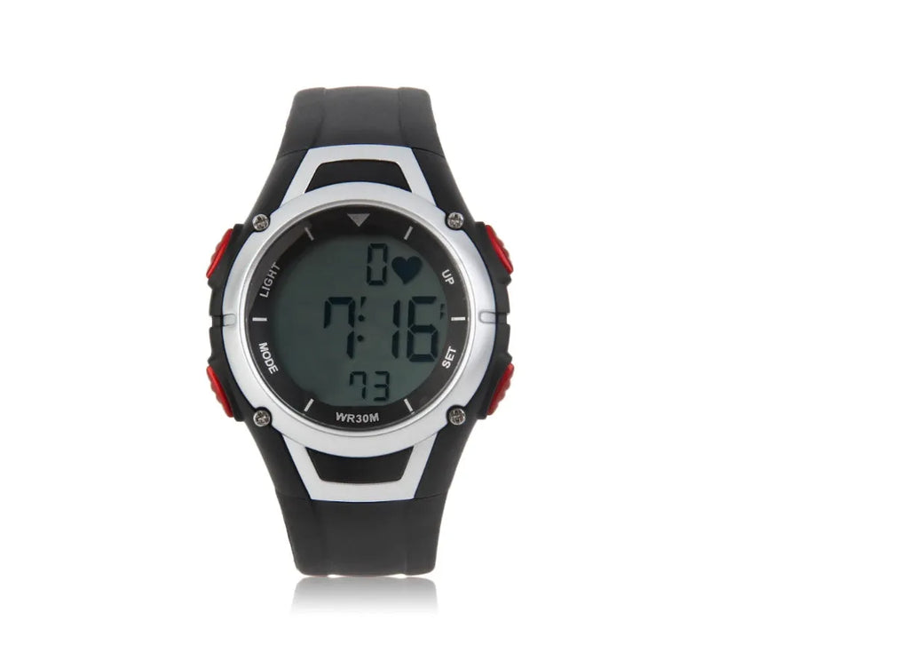Black rubber and steel heart rate monitor watch with chest strap, 3m waterproof, round dial, backlight
