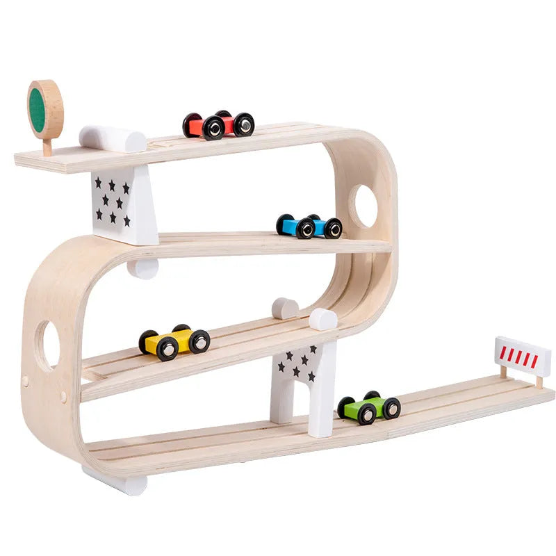 Children's wooden rapid gliding car track toy in colour box