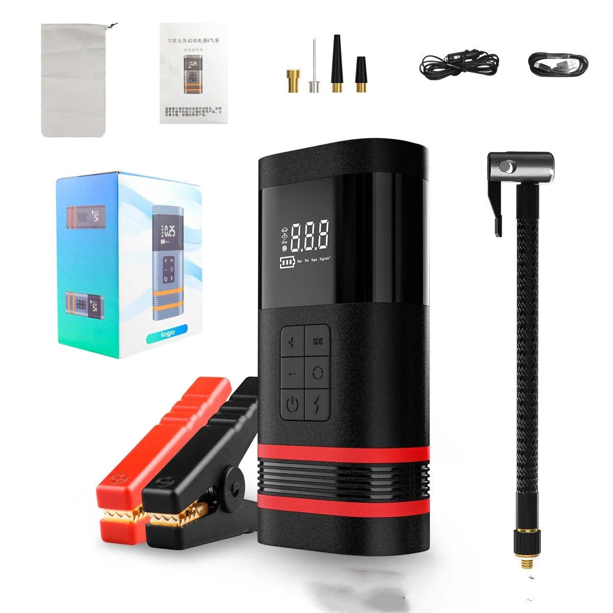 Black wireless car jump starter power bank measuring 19.5cm with LED lights and USB charging