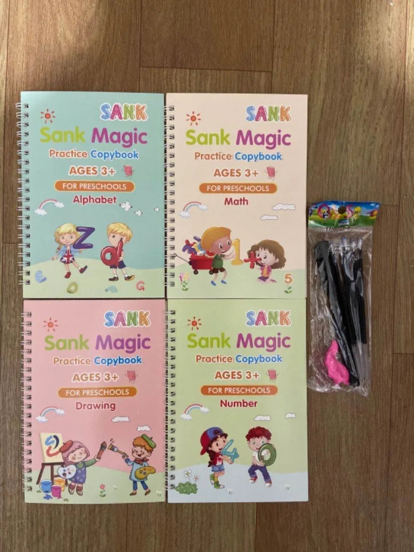 Children magic stylus calligraphy set with four slotted groove copybooks, pen, and refills in white on wooden table