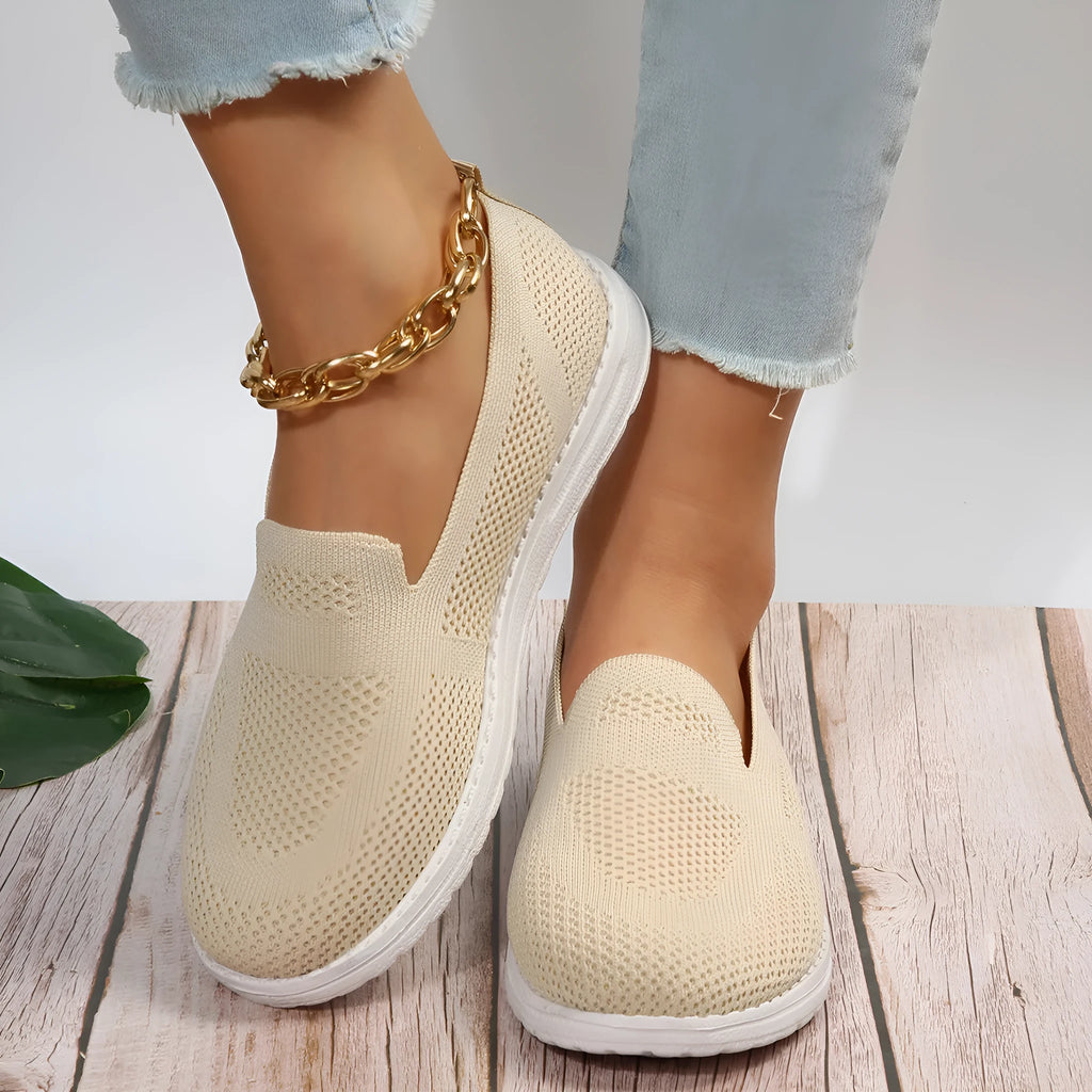 Women's mesh slip on loafers with round toe and flat heel in white colour option