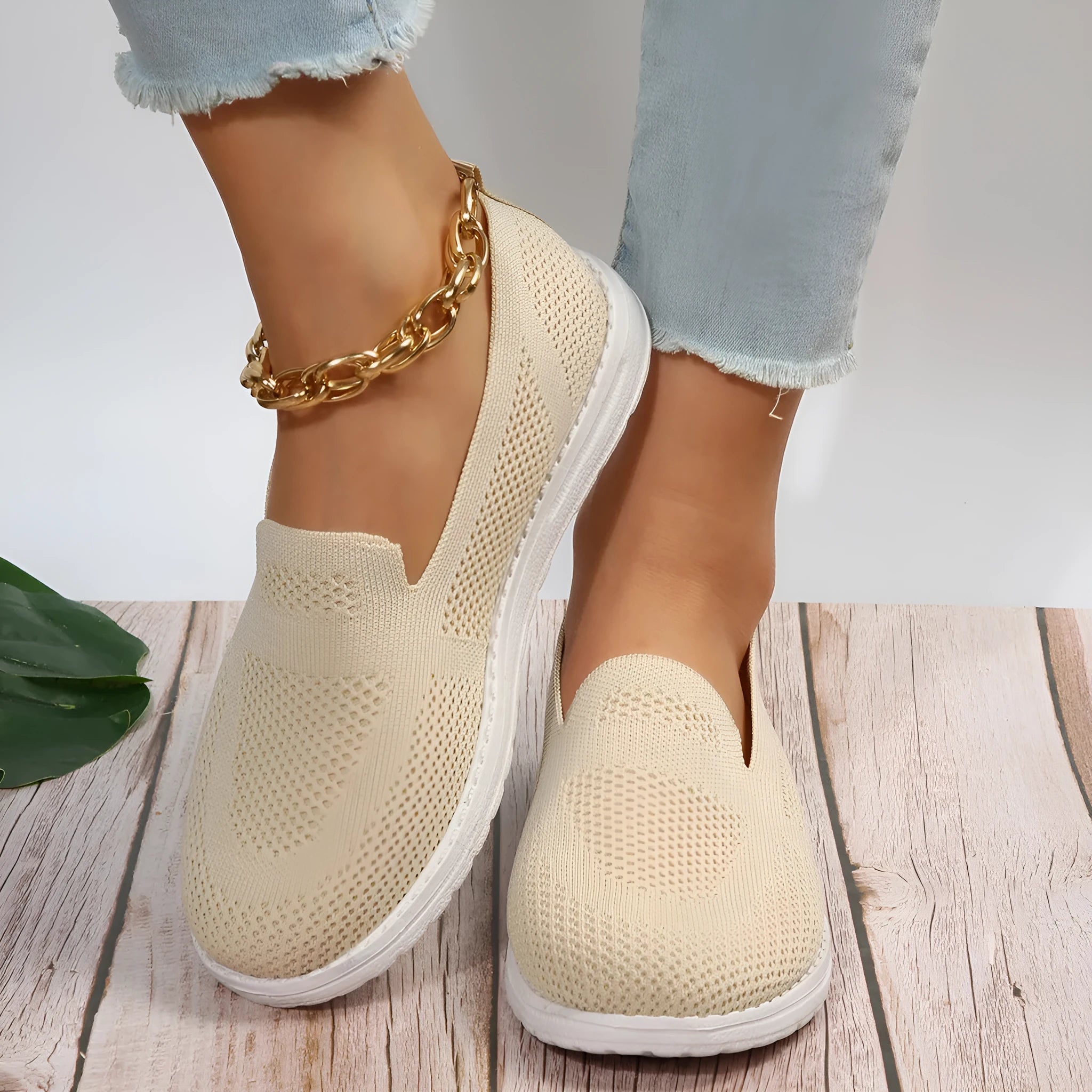 Women's mesh slip on loafers with round toe and flat heel in white colour option