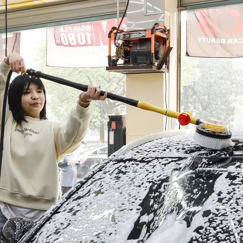 Yellow car wash mop cleaning tool with chenille brush head and water pipe connection