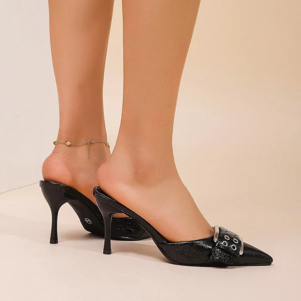 Black women's pointed strap high heels with buckle decoration on upper