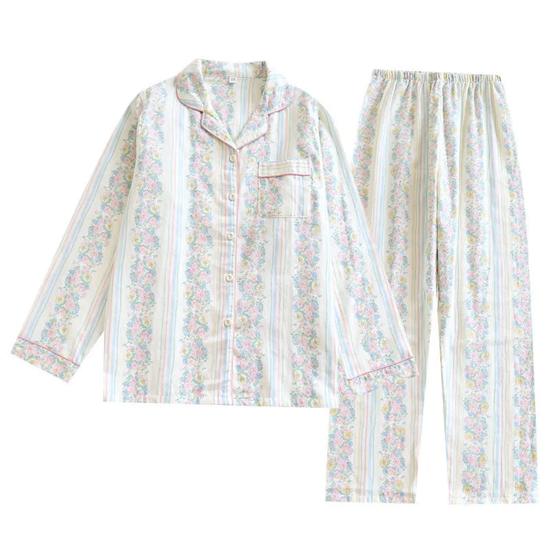 Japanese sweet style ladies cotton gauze homewear two-piece set with long sleeves and trousers.