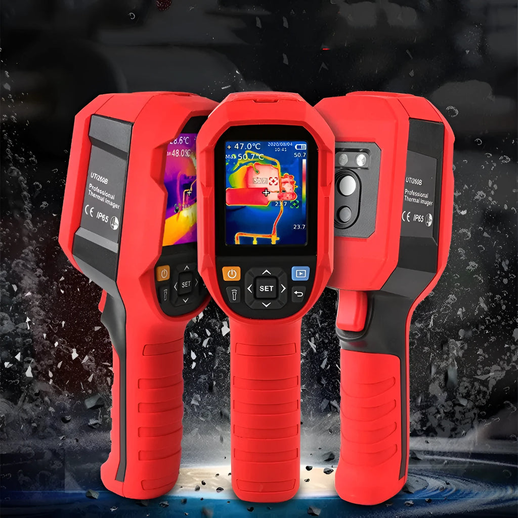 UTi series handheld infrared thermal imager on a workbench with screen displaying a thermal image.