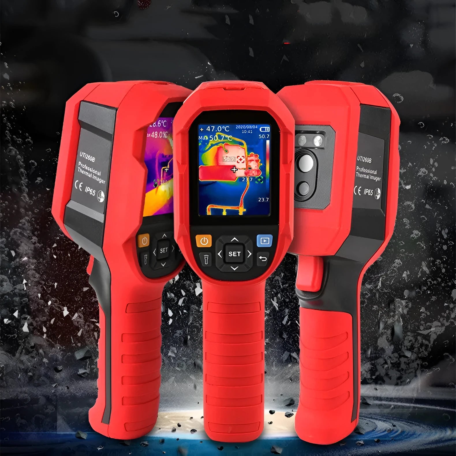 UTi series handheld infrared thermal imager on a workbench with screen displaying a thermal image.