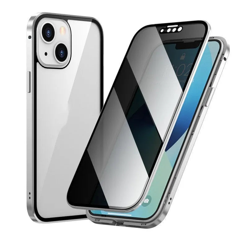 Anti-peep magnetic phone case in transparent black for Apple iPhone 16 Pro Max with aluminium alloy frame and double-sided glass