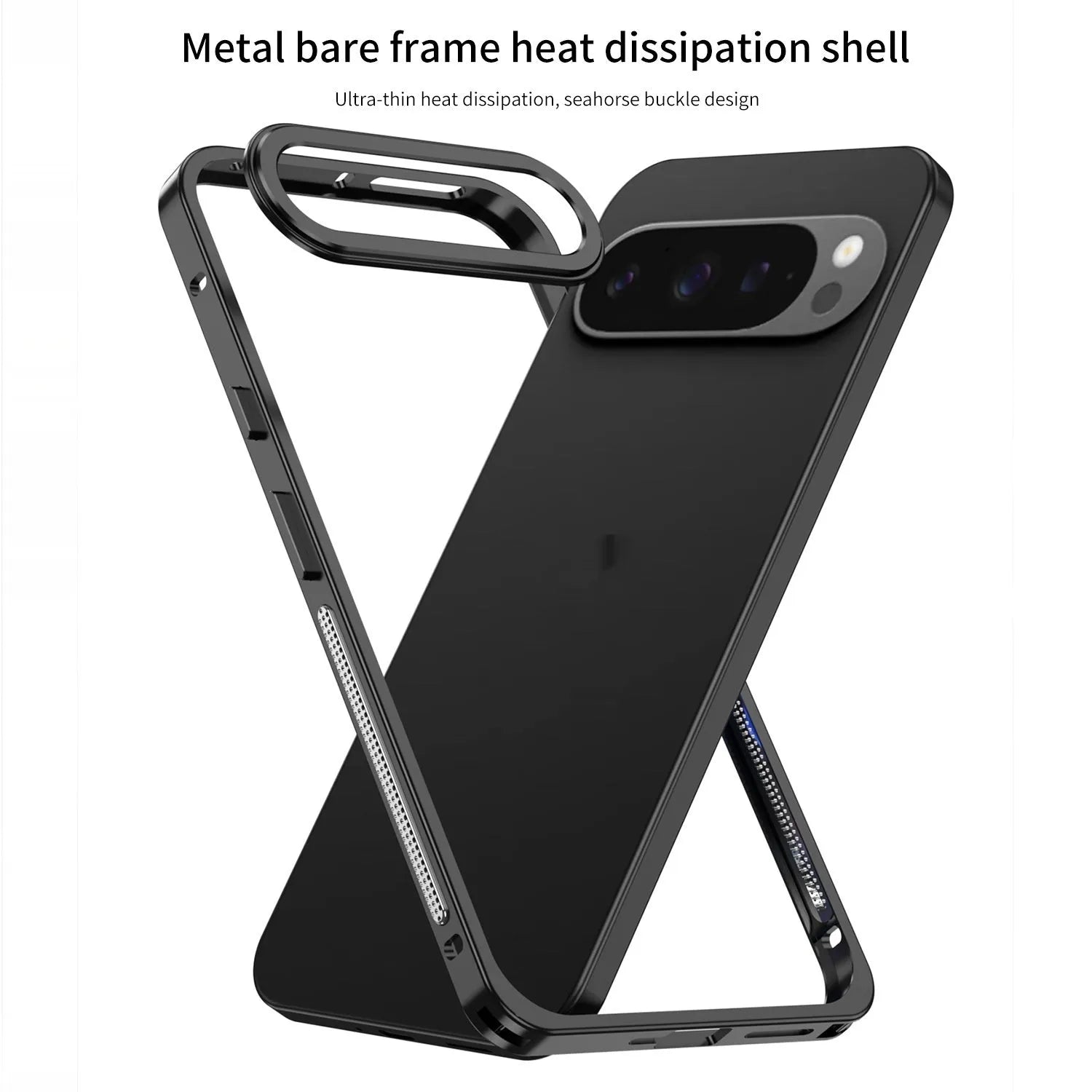 Aluminium alloy heat dissipation phone case for Google Pixel 9 Pro XL in black with separate lens case