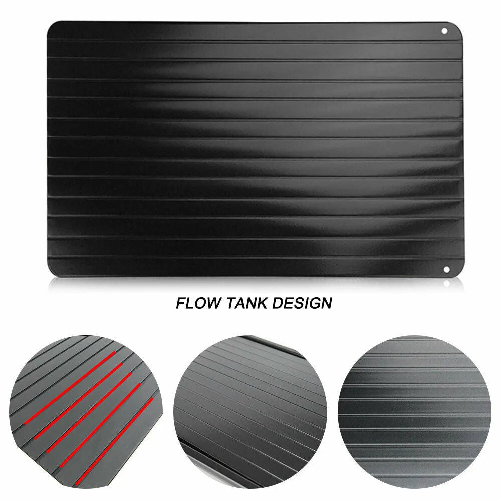 Black aluminium fast defrost tray for thawing frozen meat and food without electricity.