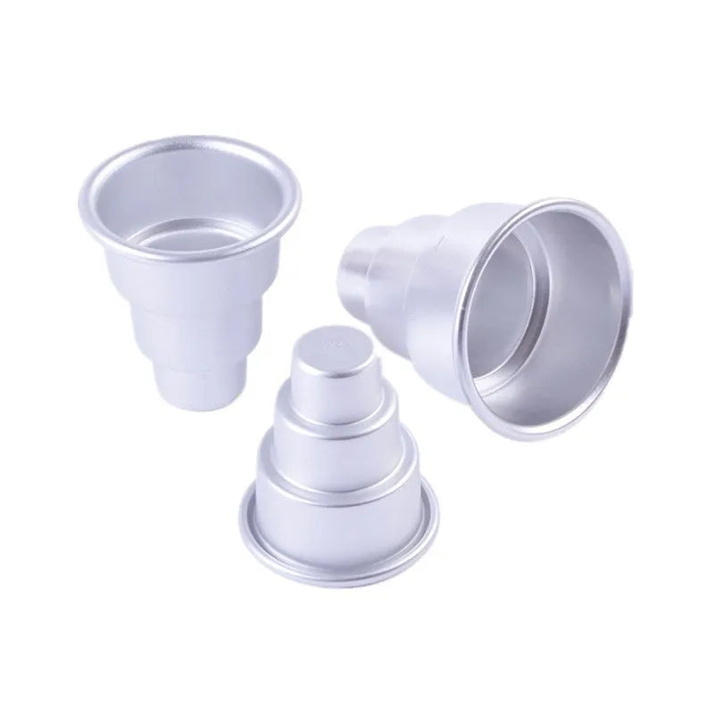 Silver aluminium alloy cake mould with three layered pudding cup cavities