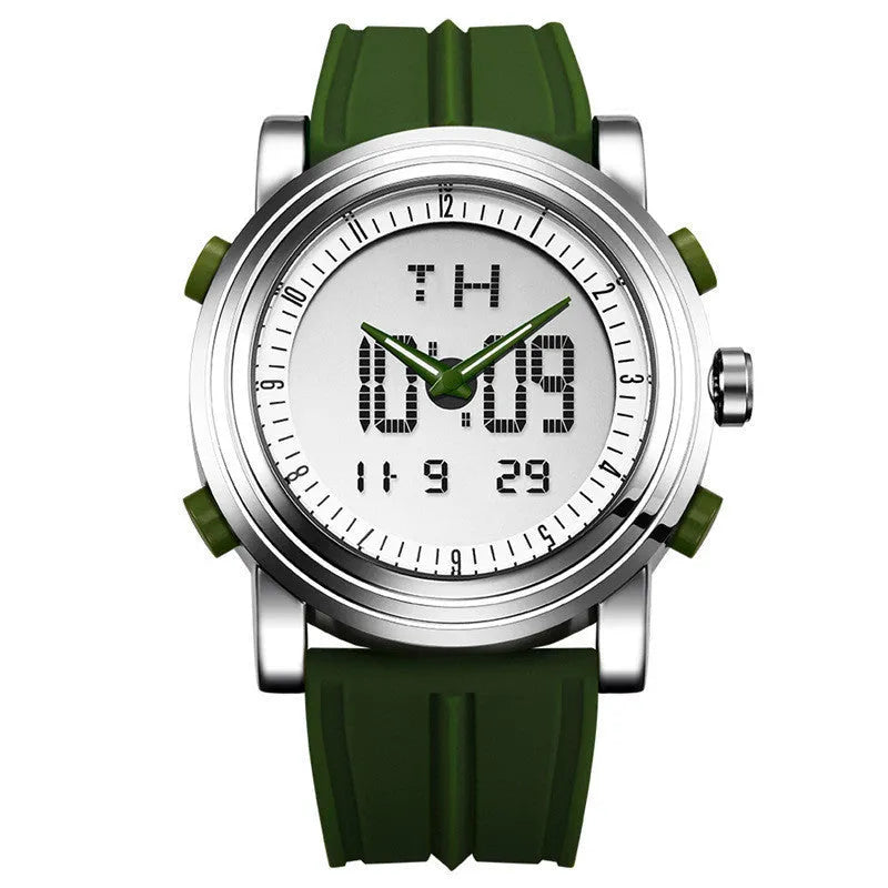 Electronic watch with luminous double display showing pointer hands and digital numbers