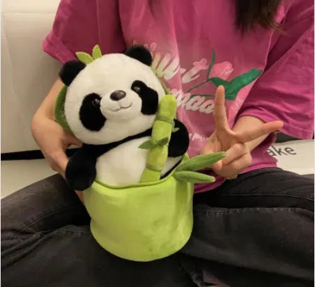 Panda plush doll with bamboo tube design holding bamboo, PP cotton filling, available in 25cm, 40cm, and 50cm sizes
