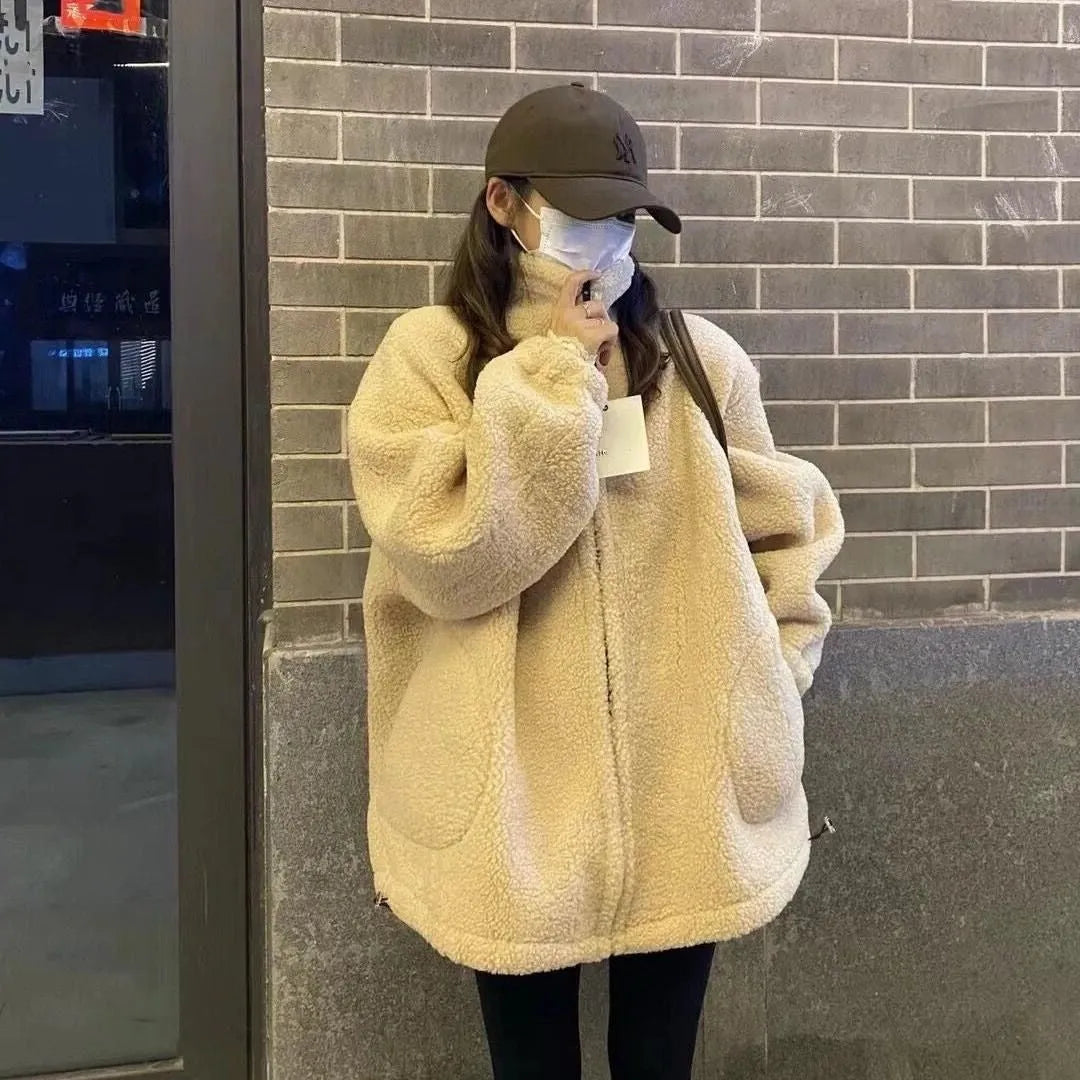 Thickened particle lamb fleece coat for women in beige, regular fit, polyester fabric