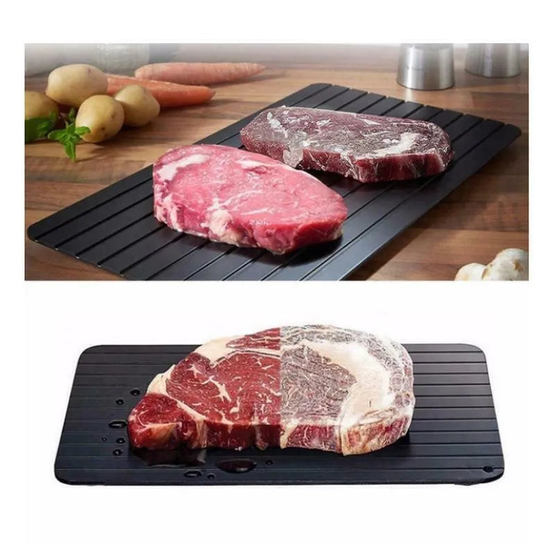 Black aluminium fast defrost tray for thawing frozen meat and food without electricity.