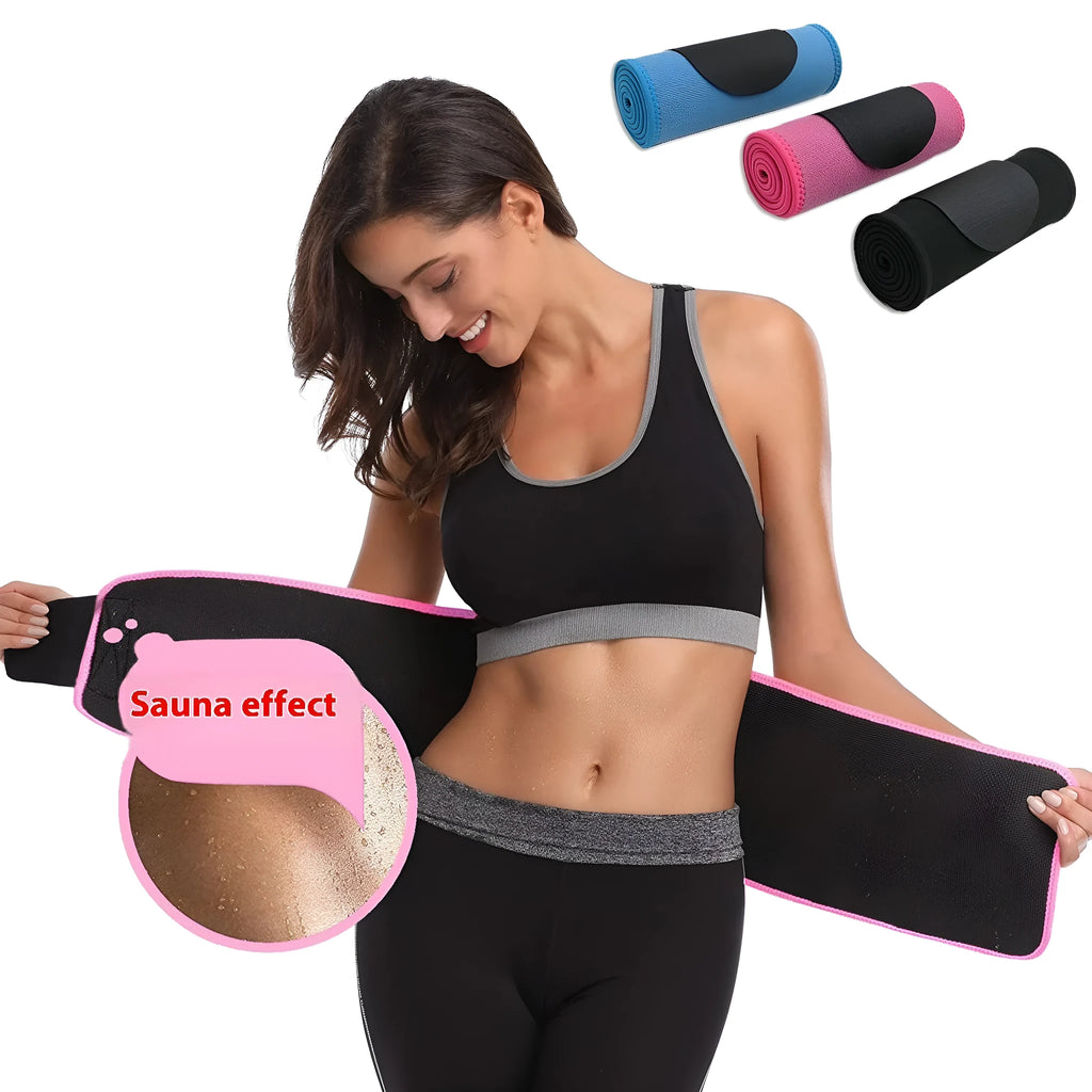 A neoprene lumbar support belt for sports and fitness, shown in black, blue, and pink colour options.