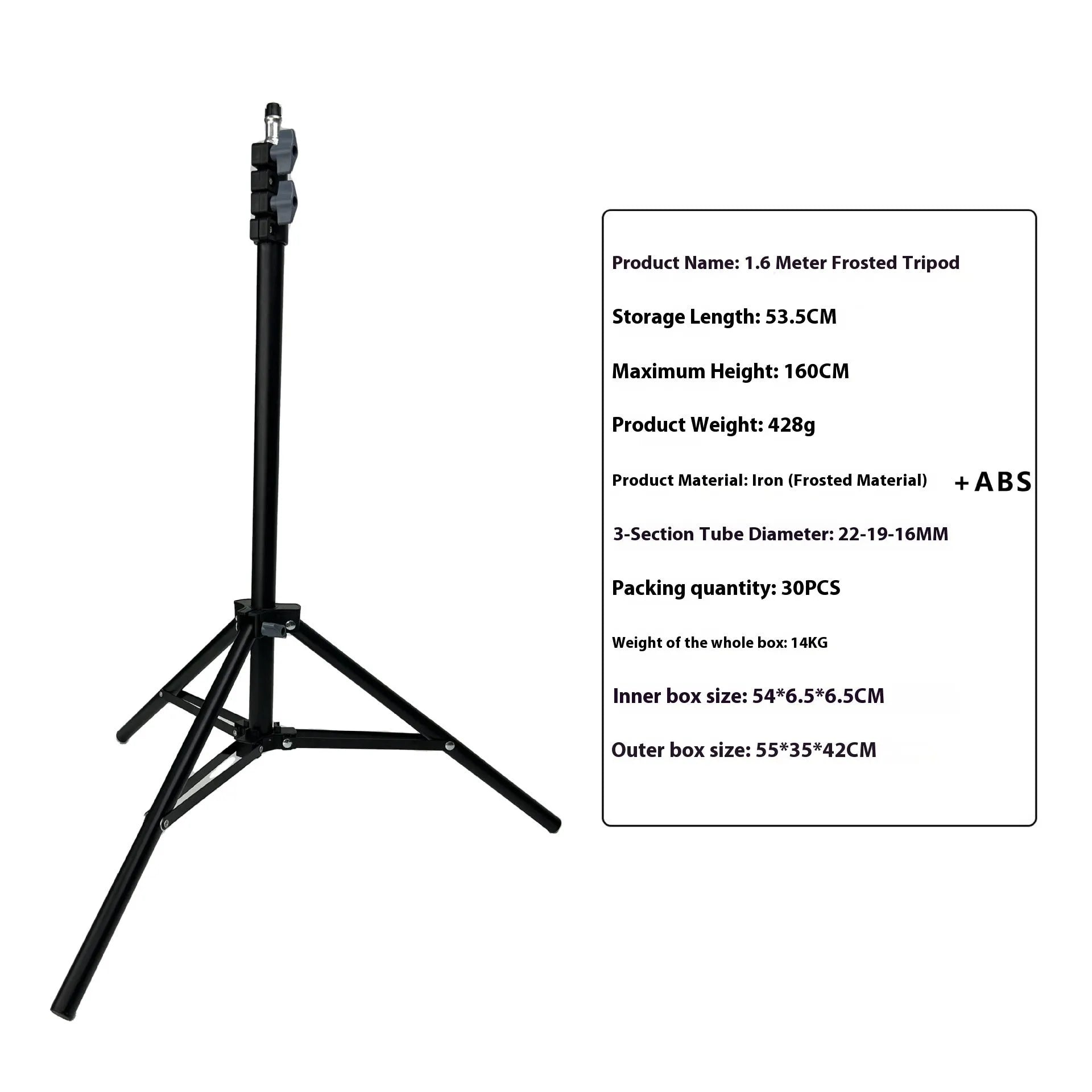 Carbon steel tripod stand with frosted legs and mobile phone holder attached