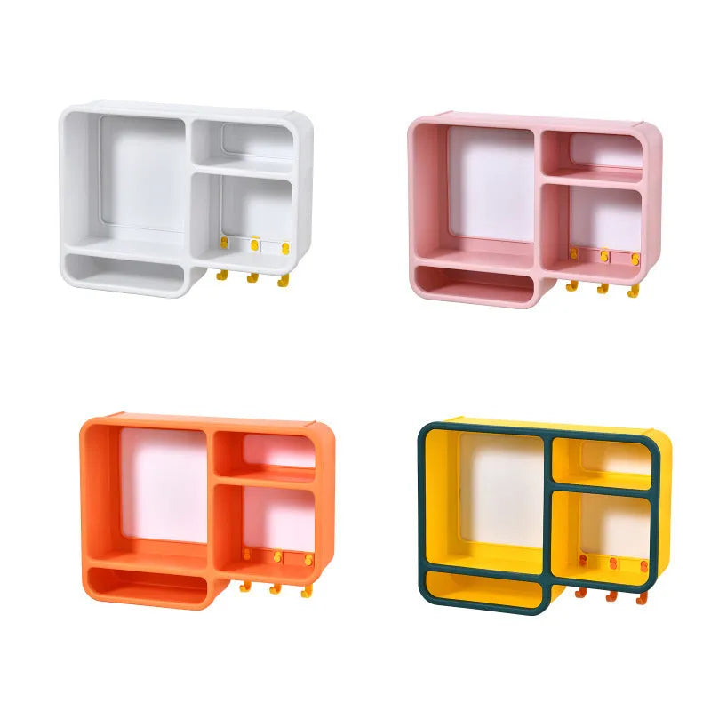 Plastic dust-proof wall shelf in white storing cosmetics and small items, 36.2x27.2x9.3cm