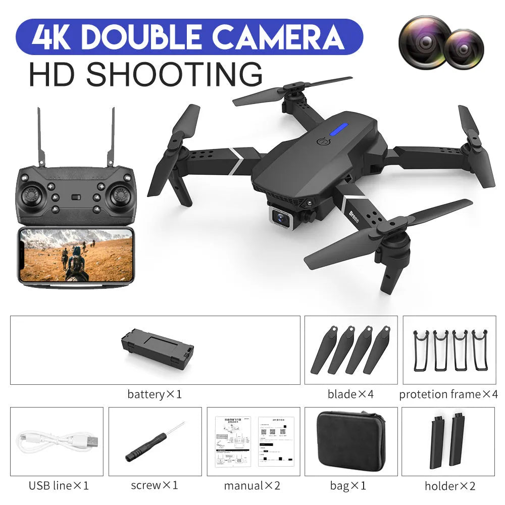 E88 drone aerial photography 4K dual camera foldable arms RC quadcopter black white flight