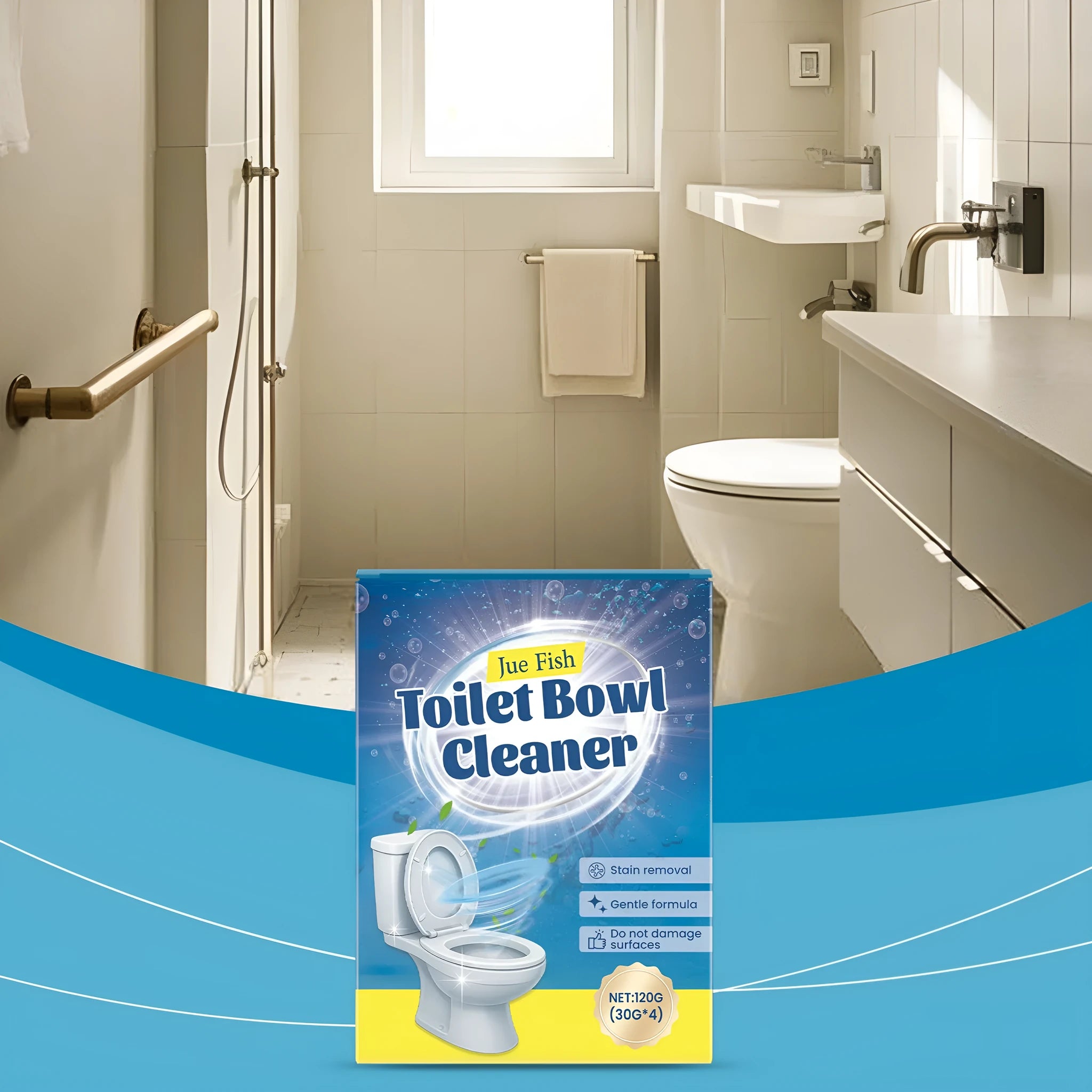 Four sachets of toilet cleaning powder on a bathroom surface, total weight 120 grams.