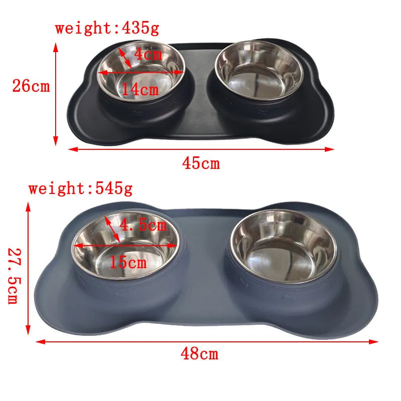 Large silicone pet bowl with stainless steel inserts in dual compartment design