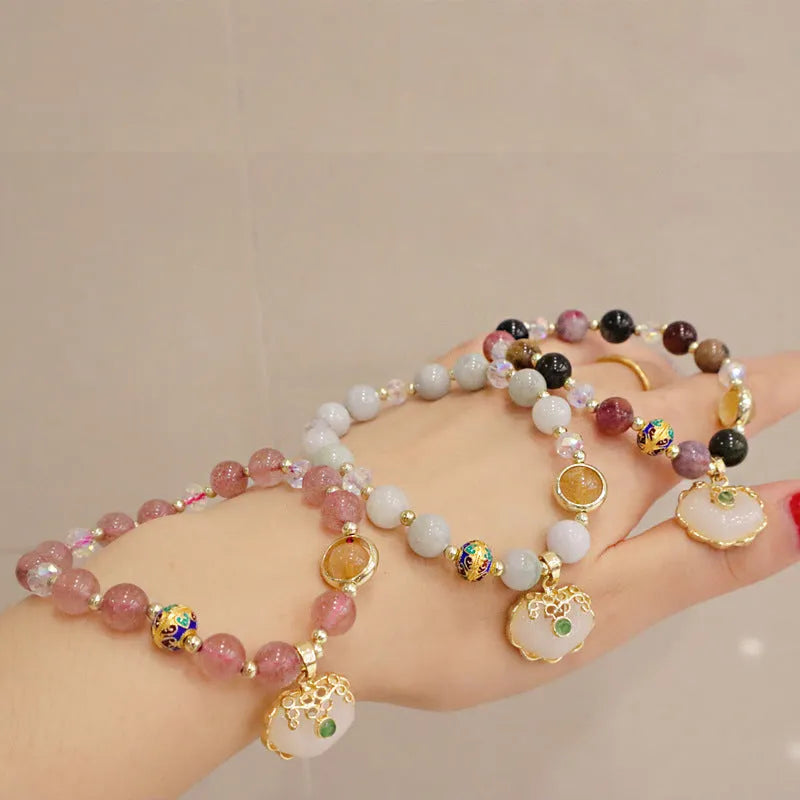 Women's geometric jade bracelet in Gray Jade with metal and three-dimensional ethnic decoration
