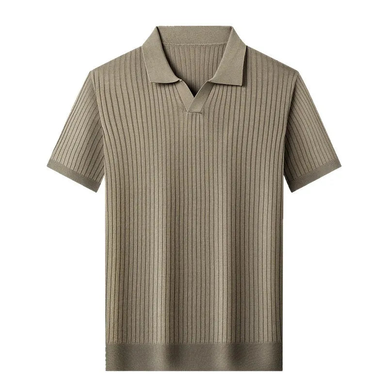 Man wearing a grey mulberry silk short-sleeved T-shirt with a lapel collar.
