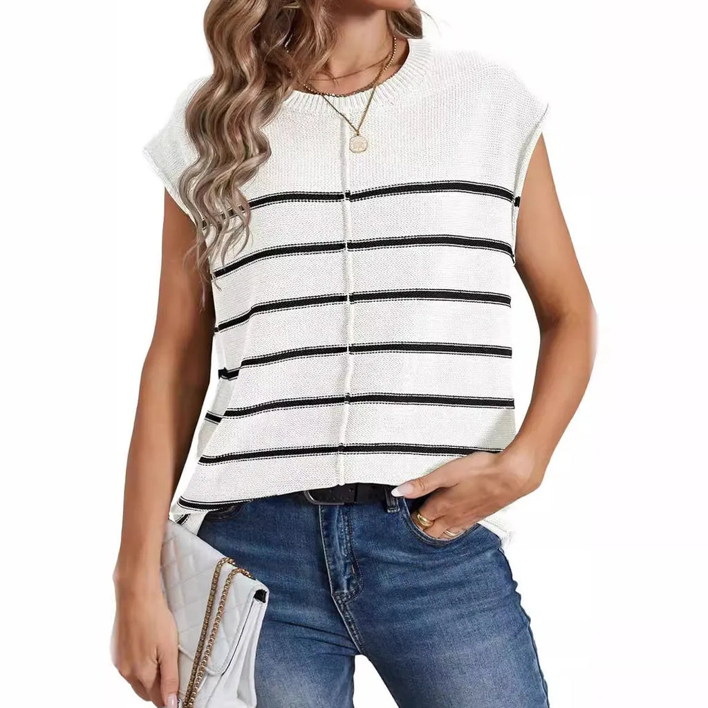 Women's striped sleeveless pullover vest in apricot colour showing seam bone stitching detail.