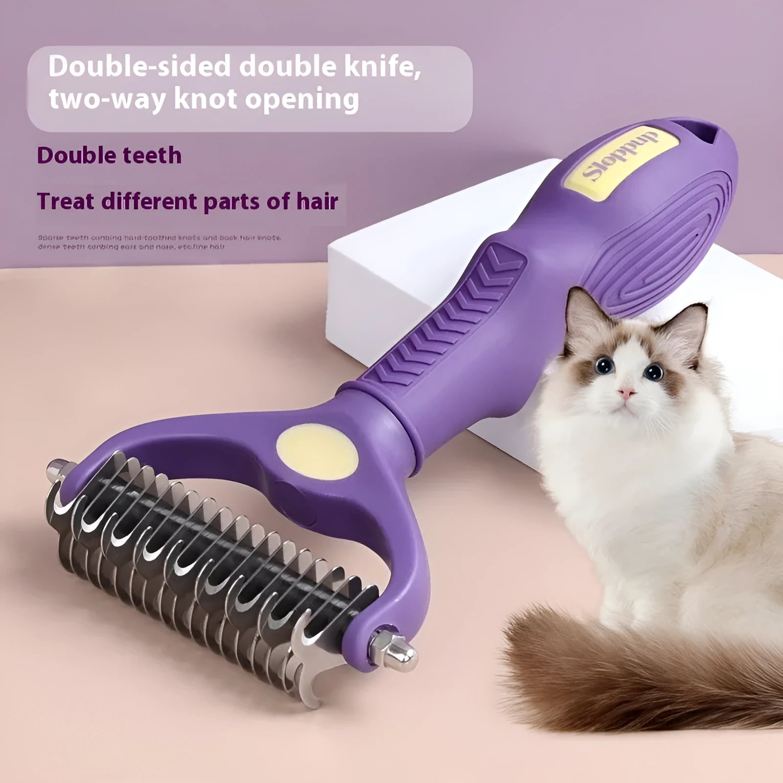 Purple plastic double-sided pet comb for detangling dog and cat fur.