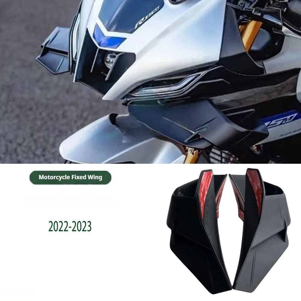 Motorcycle bodywork side wing spoiler in matte black finish on a motorcycle rear fairing