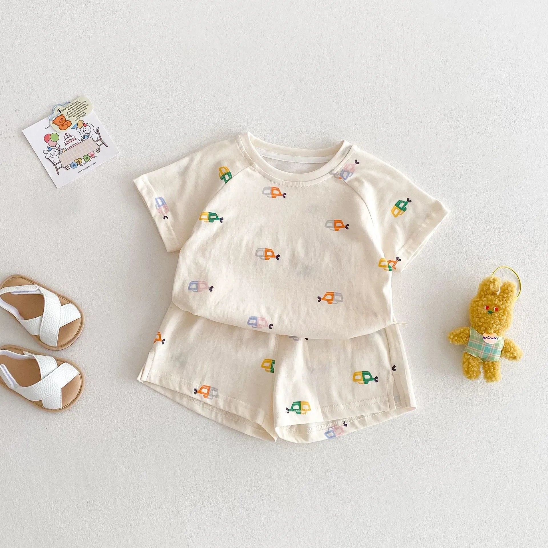 Baby summer cotton two-piece set with cartoon T-shirt and shorts in submarine print