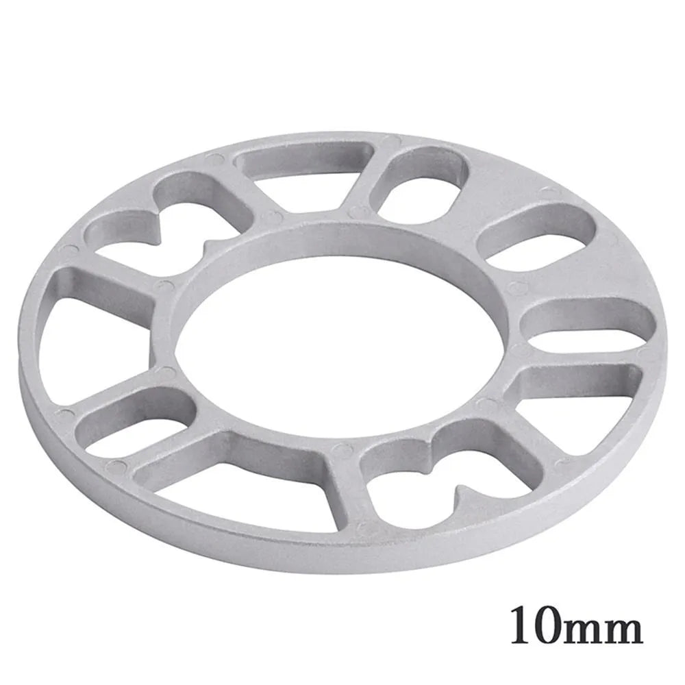 Set of four automotive wheel hub spacer gaskets showing different thicknesses of 3mm, 5mm, 8mm, and 10mm.