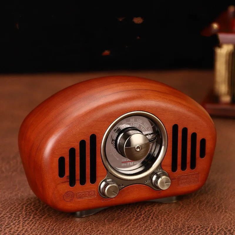 FMAM portable Bluetooth speaker in walnut finish with USB interface and control buttons