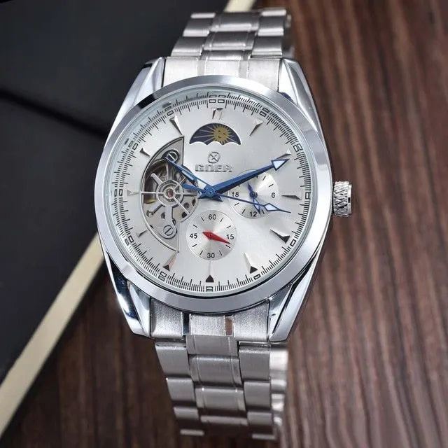Men's tourbillon automatic mechanical wristwatch with stainless steel band, moon phase, and small seconds display