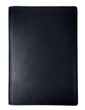 Black RFID antimagnetic passport holder made of genuine leather, open showing card slots and passport slot, 15cm long.