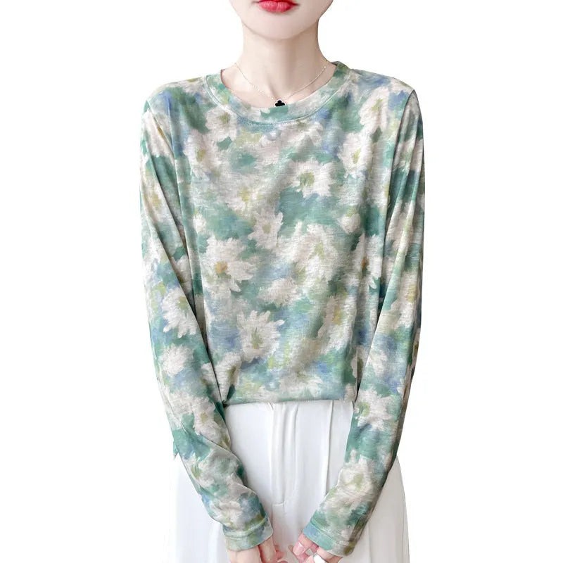 Women's round neck Tencel cotton pullover with printed floral design in regular sleeve style