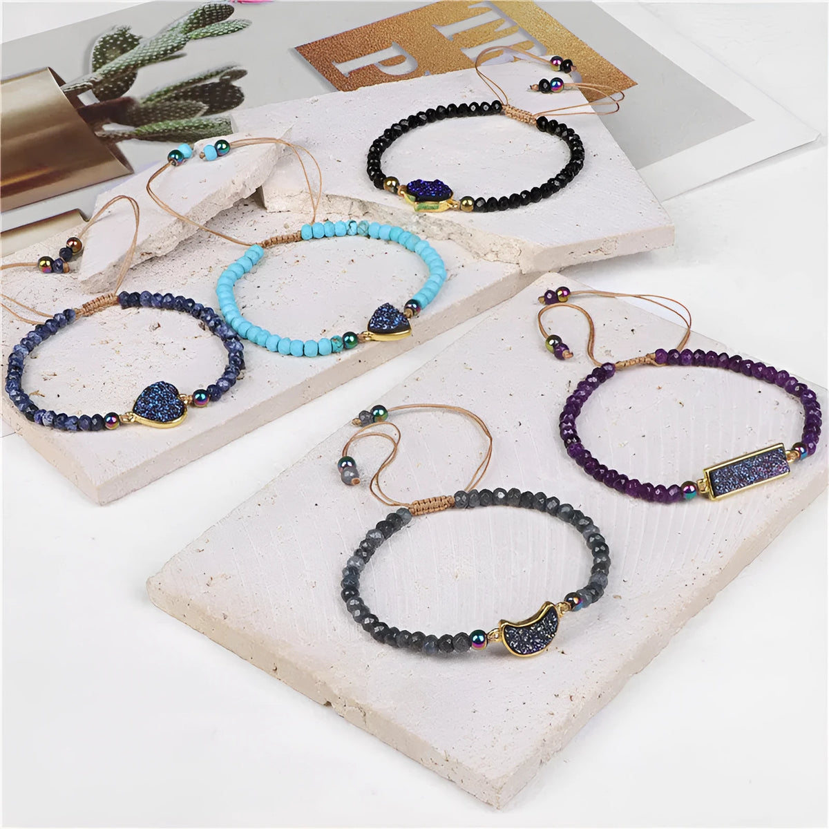 Natural stone woven bracelet with mixed shape agate beads and adjustable rope, retro style for men and women.