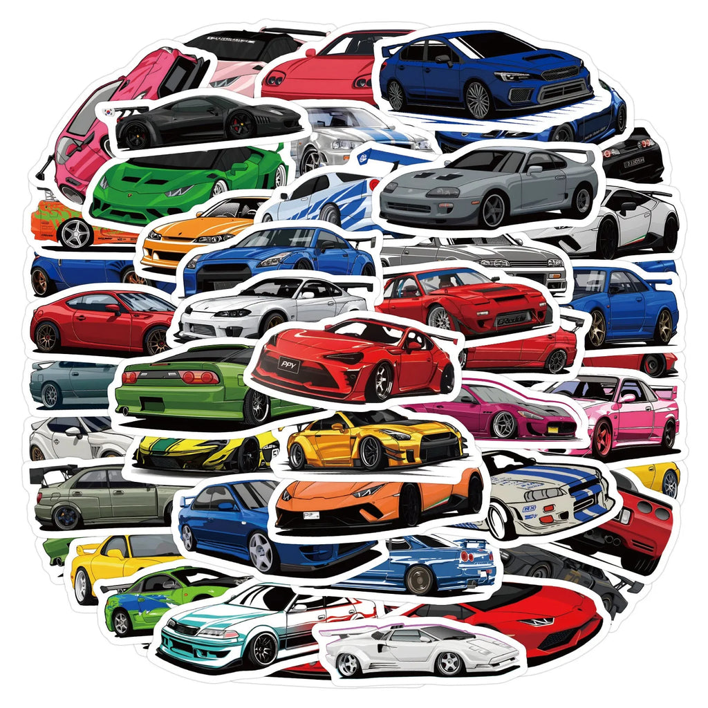 Pack of 50 JDM Initial D racing car sticker decals with cartoon graffiti designs on waterproof vinyl