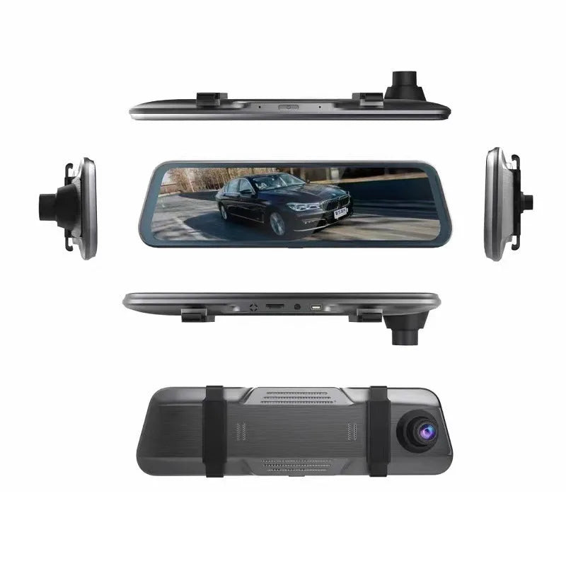 Black rearview mirror dash cam with 10-inch touch screen display, shown with car charger and mounting bracket.