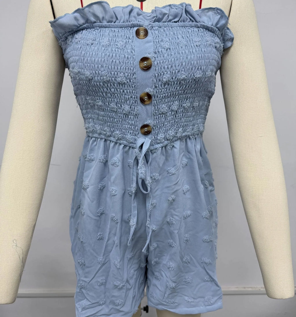 Women's off-shoulder sleeveless jumpsuit in blue polyester with button detail and mid-waist ankle-length design
