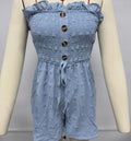 Women's off-shoulder sleeveless jumpsuit in blue polyester with button detail and mid-waist ankle-length design