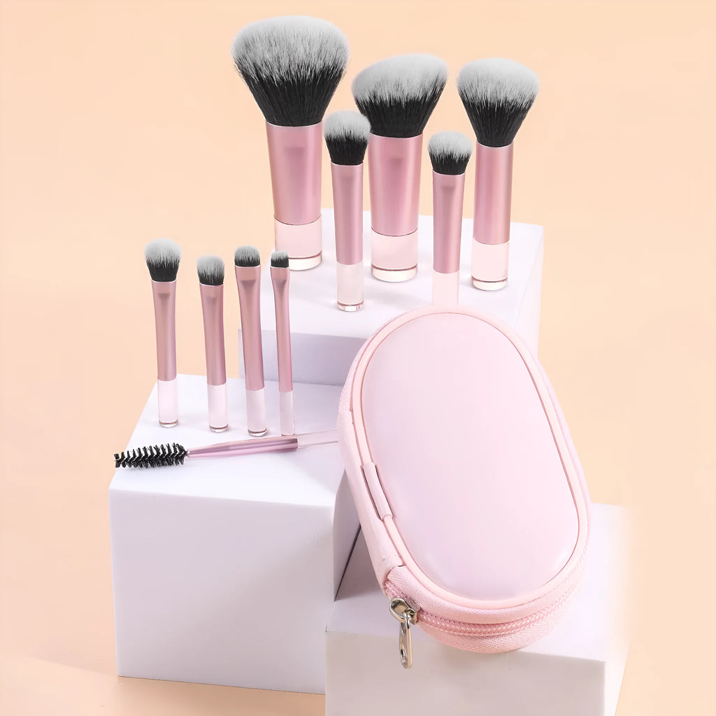 10-piece makeup brush set with crystal handles, aluminium tubes, and fibre bristles in a storage bag