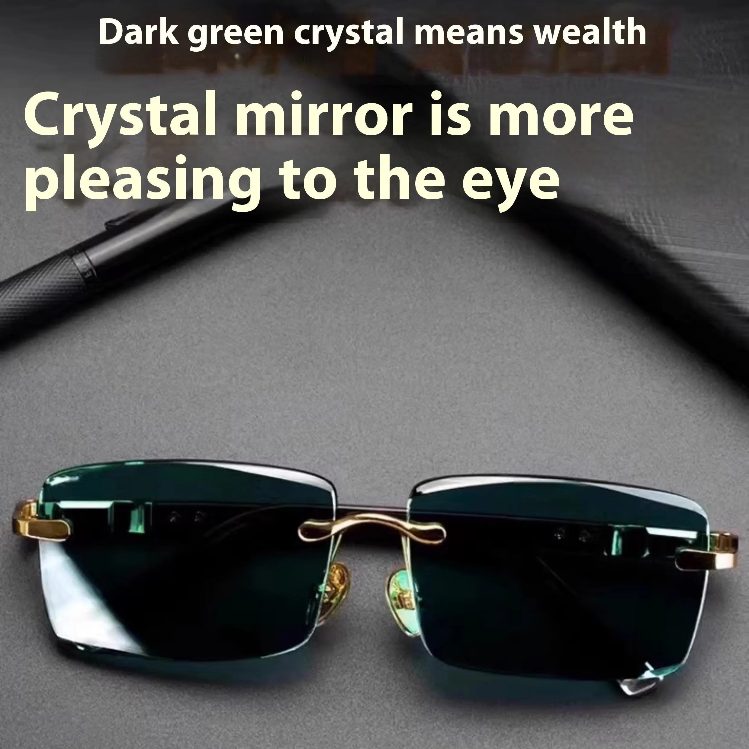 Dark green tinted frameless sunglasses with crystal lenses, shown with a hard protective case and cleaning cloth.