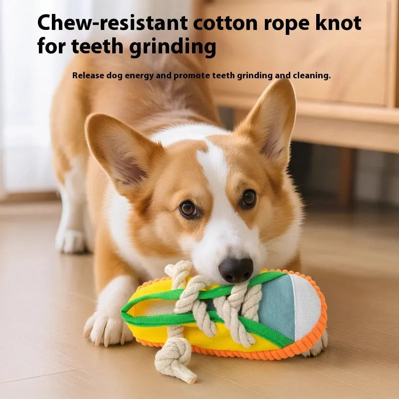 Squeaking plastic dog slipper chew toy in yellow, black, or blue colour.