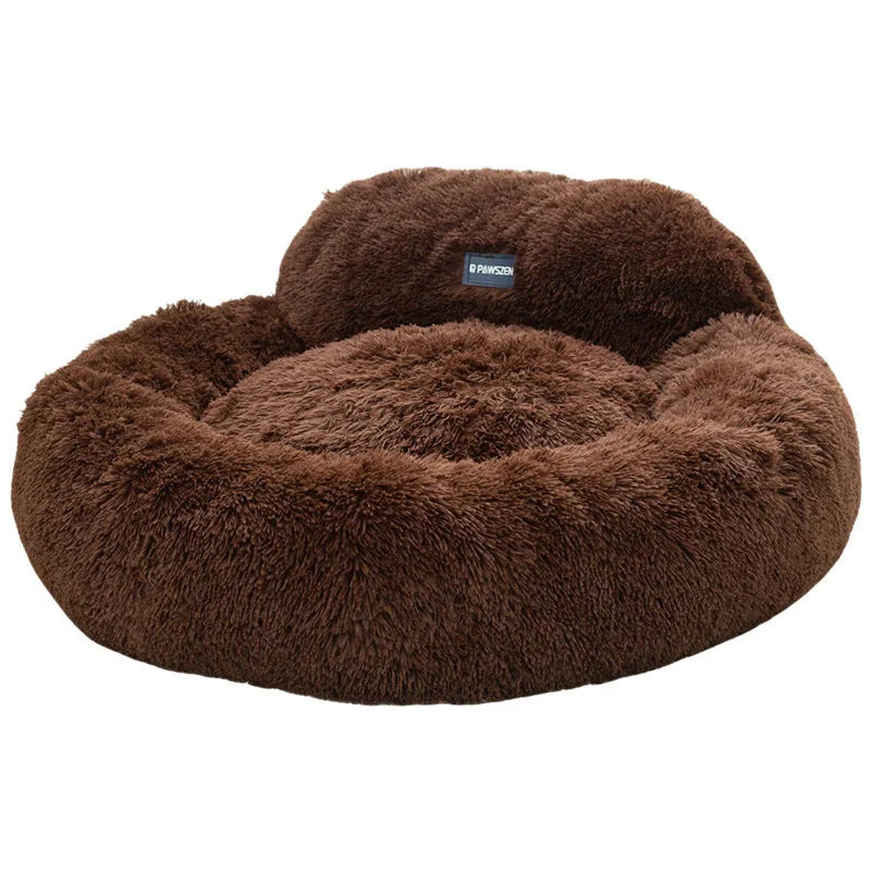 Round soft cloth cat bed with long wool backrest, 48cm diameter, light gray