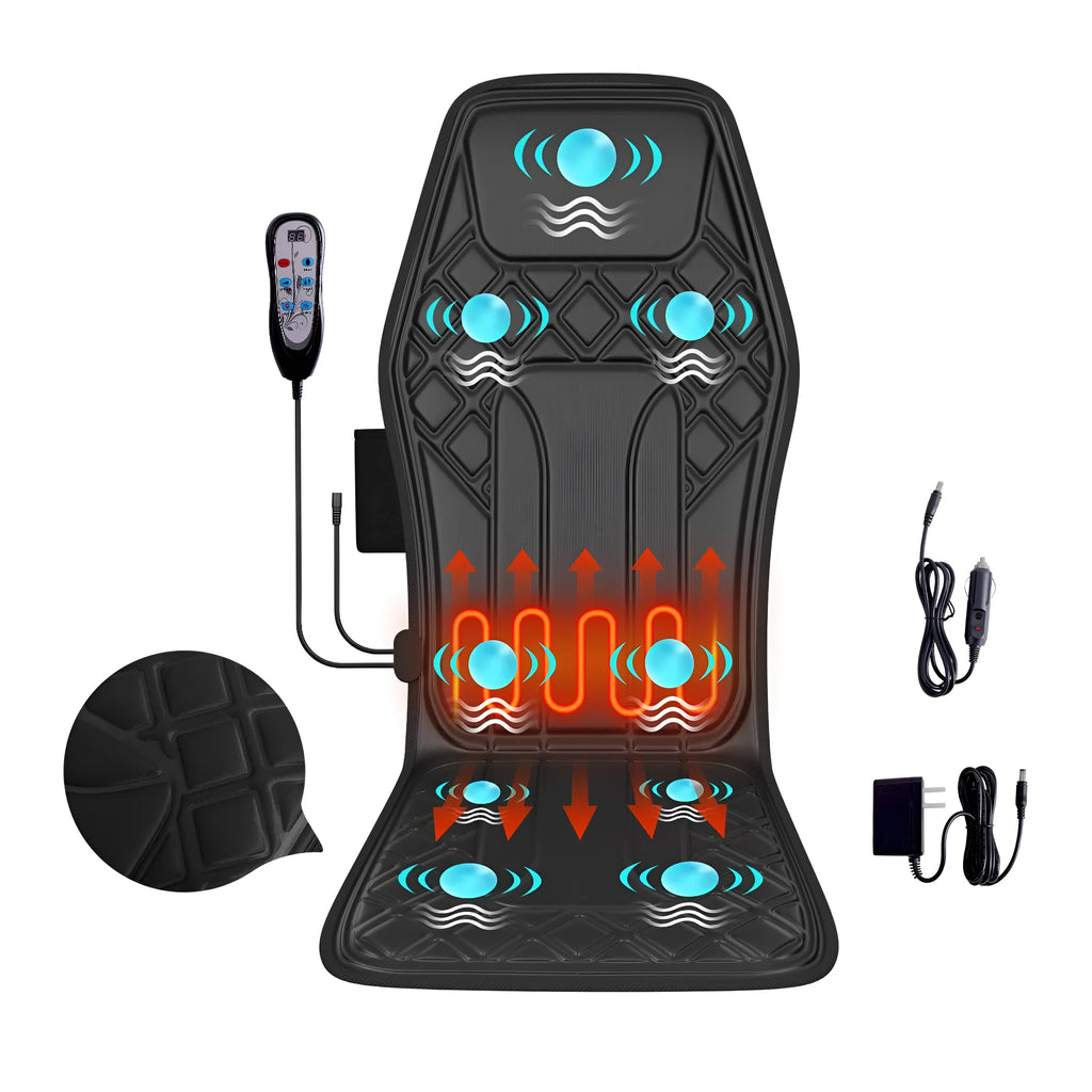 9-speed massage cushion with timer and heat on a black office chair, showing remote control and PU leather surface